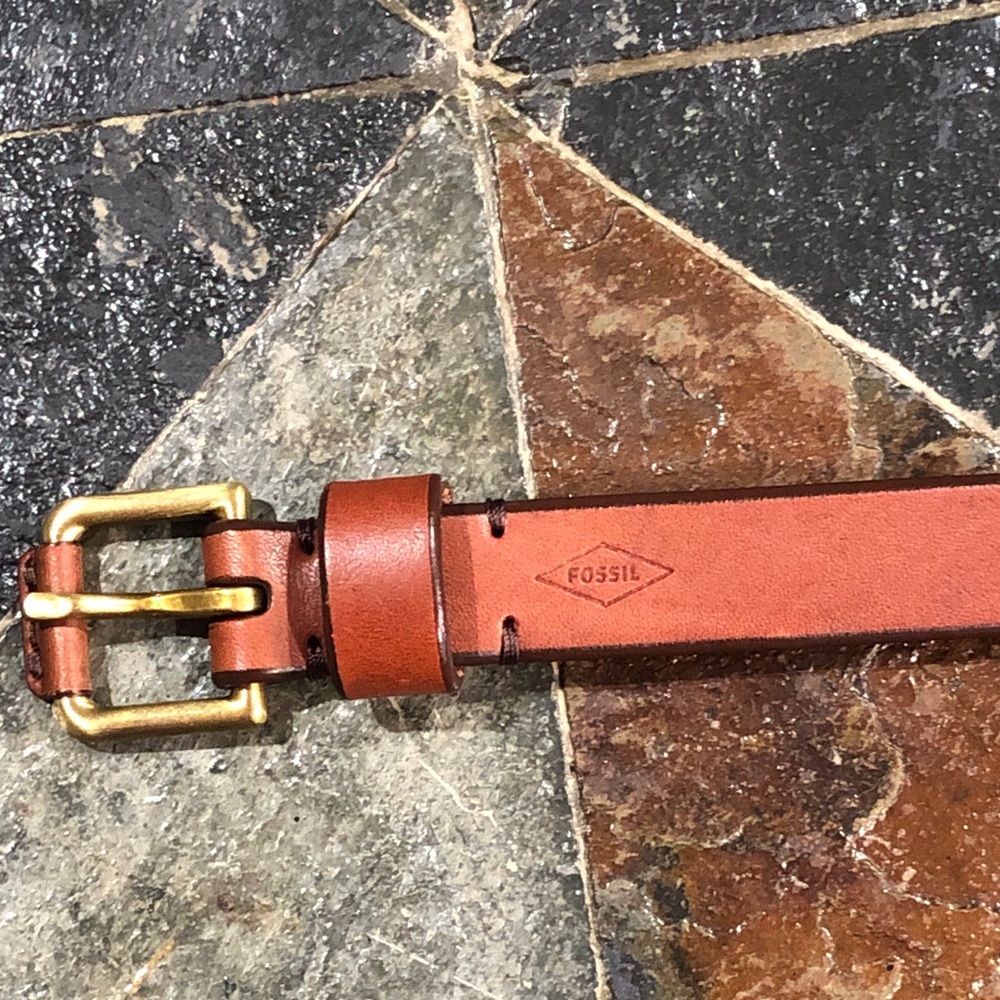 Fossil Brown Belt 100153 Wms Size Large Genuine Leather Brass Buckle